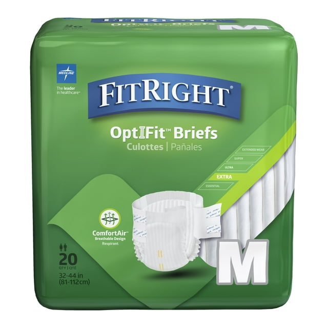 FitRight OptiFit Extra Briefs with Tabs, Adult Incontinence Brief, Moderate Absorbency, Medium, 32″-42″, 20 Per Bag