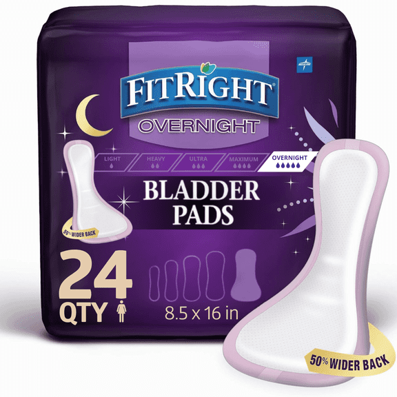 FitRight Overnight Bladder Control Pads, Maximum Absorbency, Nighttime Incontinence Protection, 8.5" x 16", 24 Count