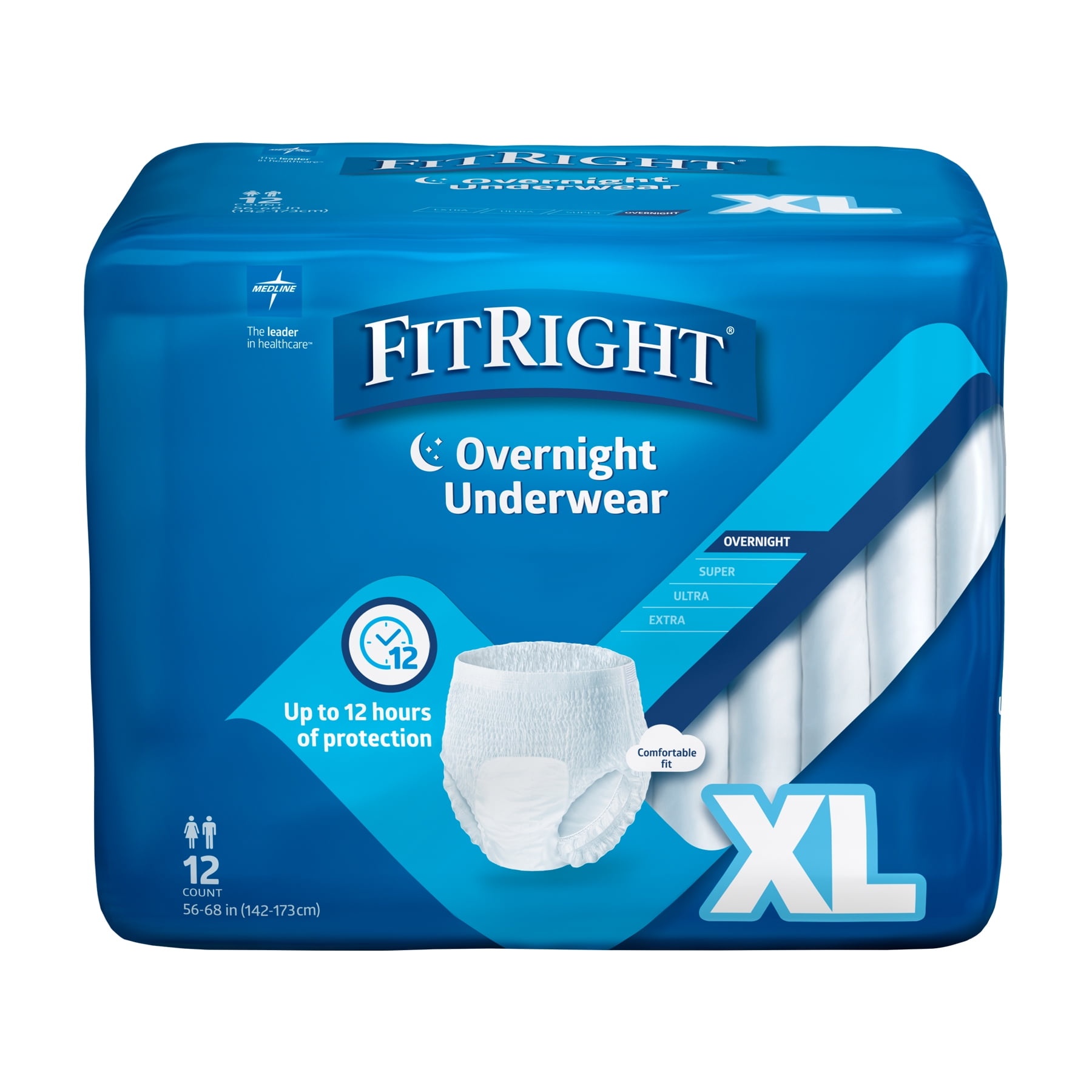 FitRight Overnight Unisex Extra Large Underwear, (56-68 in Waist) 12 Count, Maximum All Night Disposable Incontinence Protection, Pull-On Absorbent Underwear for Men and Women, 1 Bag