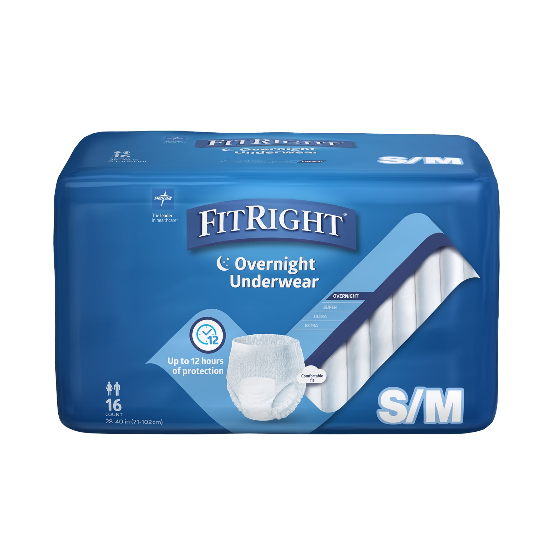 FitRight Overnight Unisex Underwear, Small/Medium (28-40 in waist), 16 Count, Maximum All Night Disposable Incontinence Protection, Pull-On Absorbent Underwear for Men & Women, 1 Bag