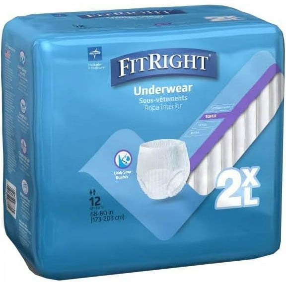 FitRight Incontinence Underwear for Men and Women, Adult Diapers, Super Absorbent, 2XL, 68in to 80in, 12 Count