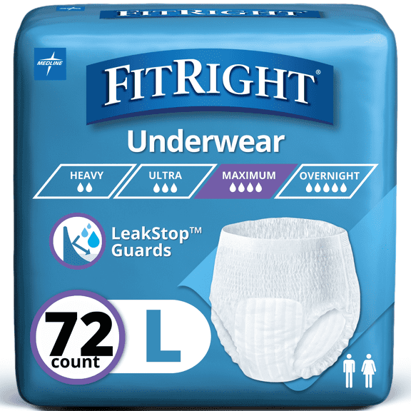 FitRight Incontinence Underwear for Men and Women, Adult Diapers, Super Absorbent, Large, 40in to 56in, 72 Count