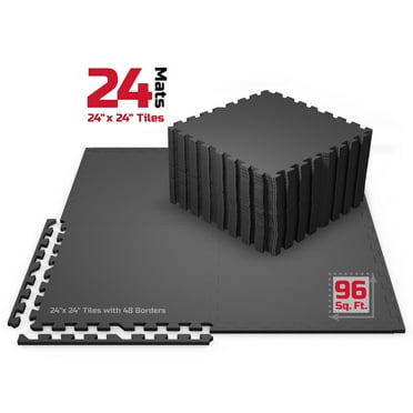 FitRx 24" x 24" Black High Density EVA Foam Interlocking Floor Mats, 96 Sq ft Area, 12 Piece