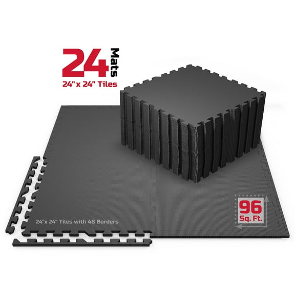 FitRx 24" x 24" Black High Density EVA Foam Interlocking Floor Mats, 96 Sq ft Area, 12 Piece