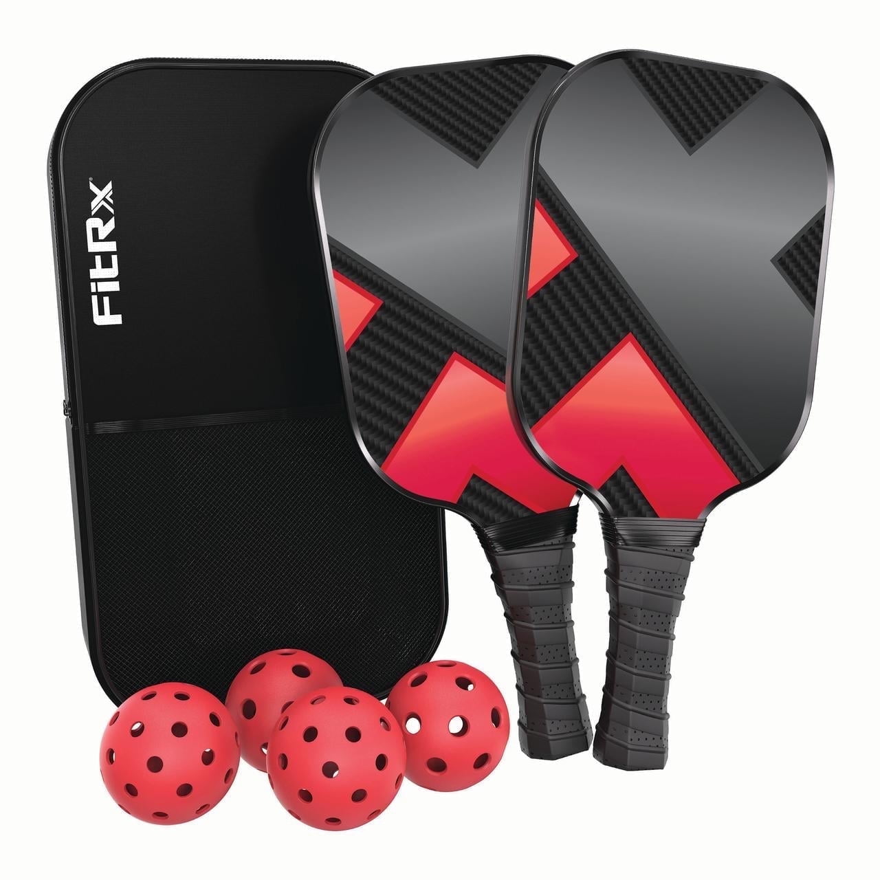 FitRx Fiberglass Pickleball Set with Pickleball Paddles and Balls, 2 Paddles, 4 Pickleballs and Carry Case
