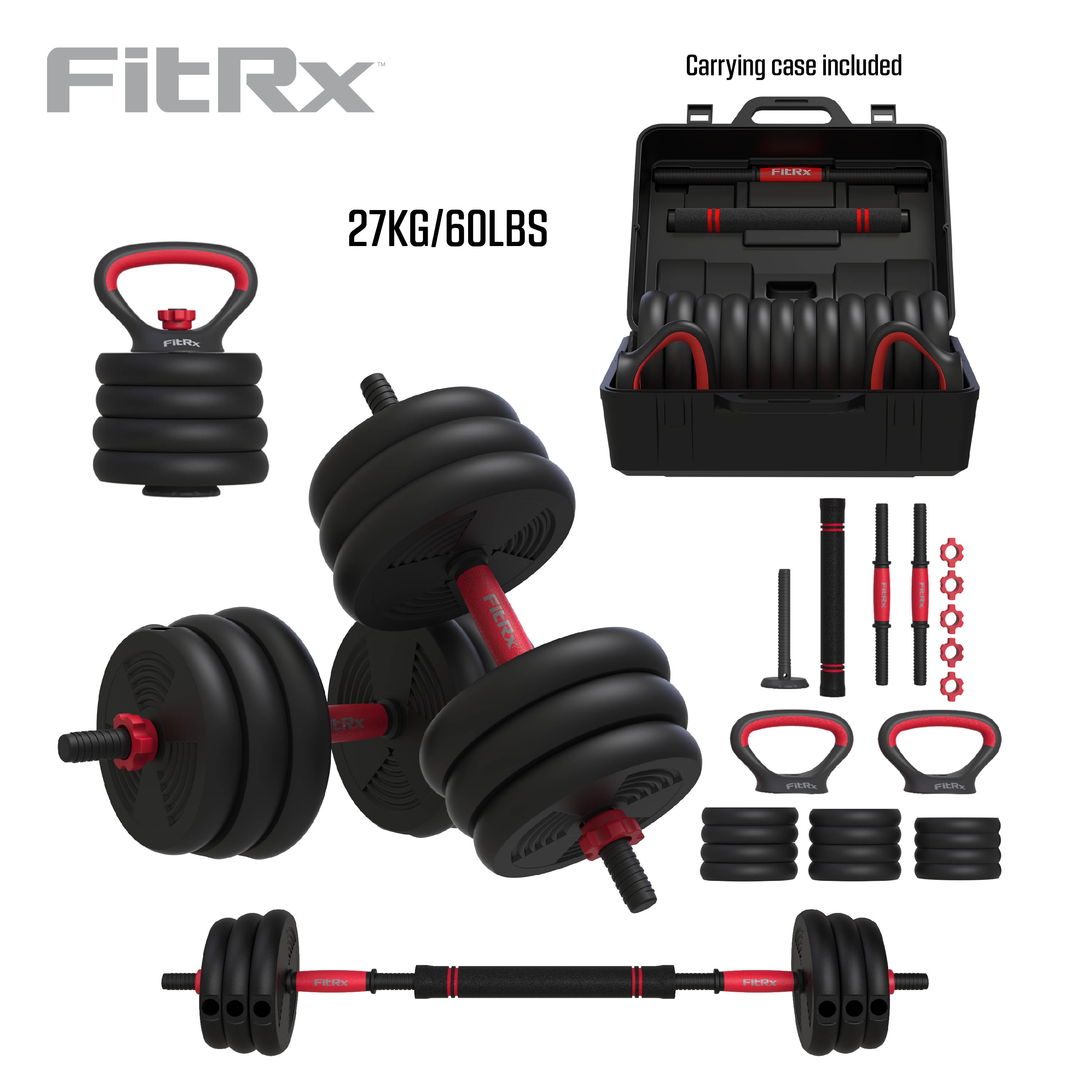 FitRx SmartBell Gym, 60 lbs. 4-in-1 Adjustable Interchangeable Dumbbell, Barbell, and Kettlebell Weight Set, Black - image 1 of 14