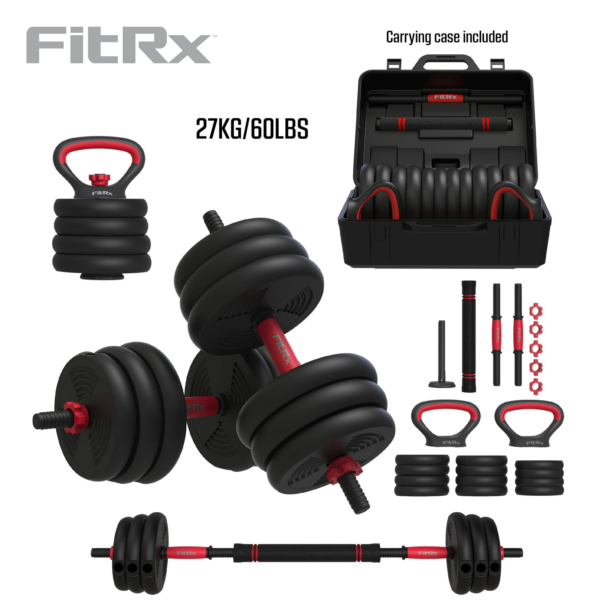 FitRx SmartBell Gym, 60 lbs. 4-in-1 Adjustable Interchangeable Dumbbell, Barbell, and Kettlebell Weight Set