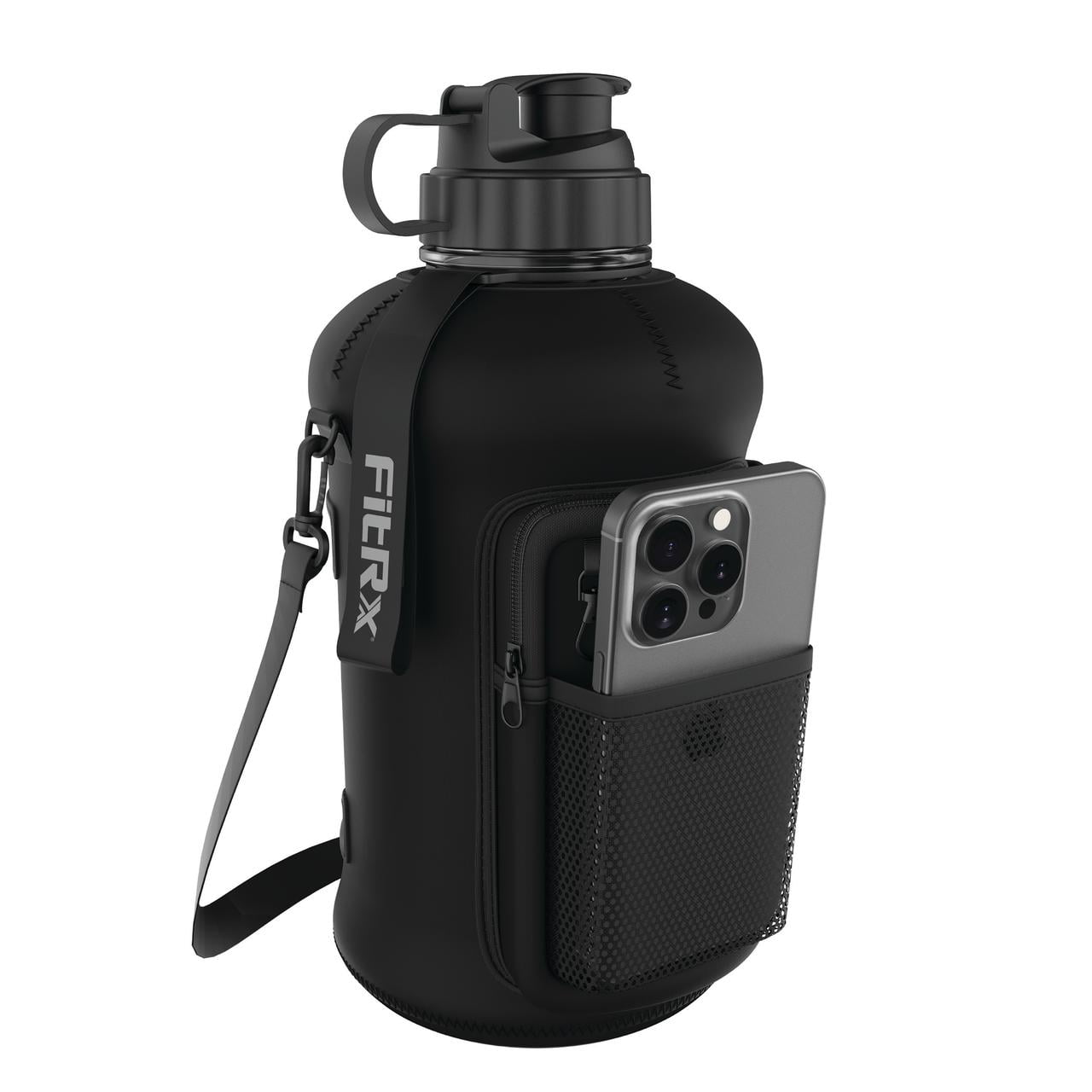 FitRx Voyager Water Bottle, Half Gallon Water Jug with Neoprene Sleeve, Storage Pocket and Carry Strap, 68oz