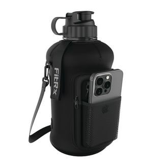 FitRx Voyager Water Bottle, Half Gallon Water Jug with Neoprene Sleeve, Storage Pocket and Carry Strap, 68oz
