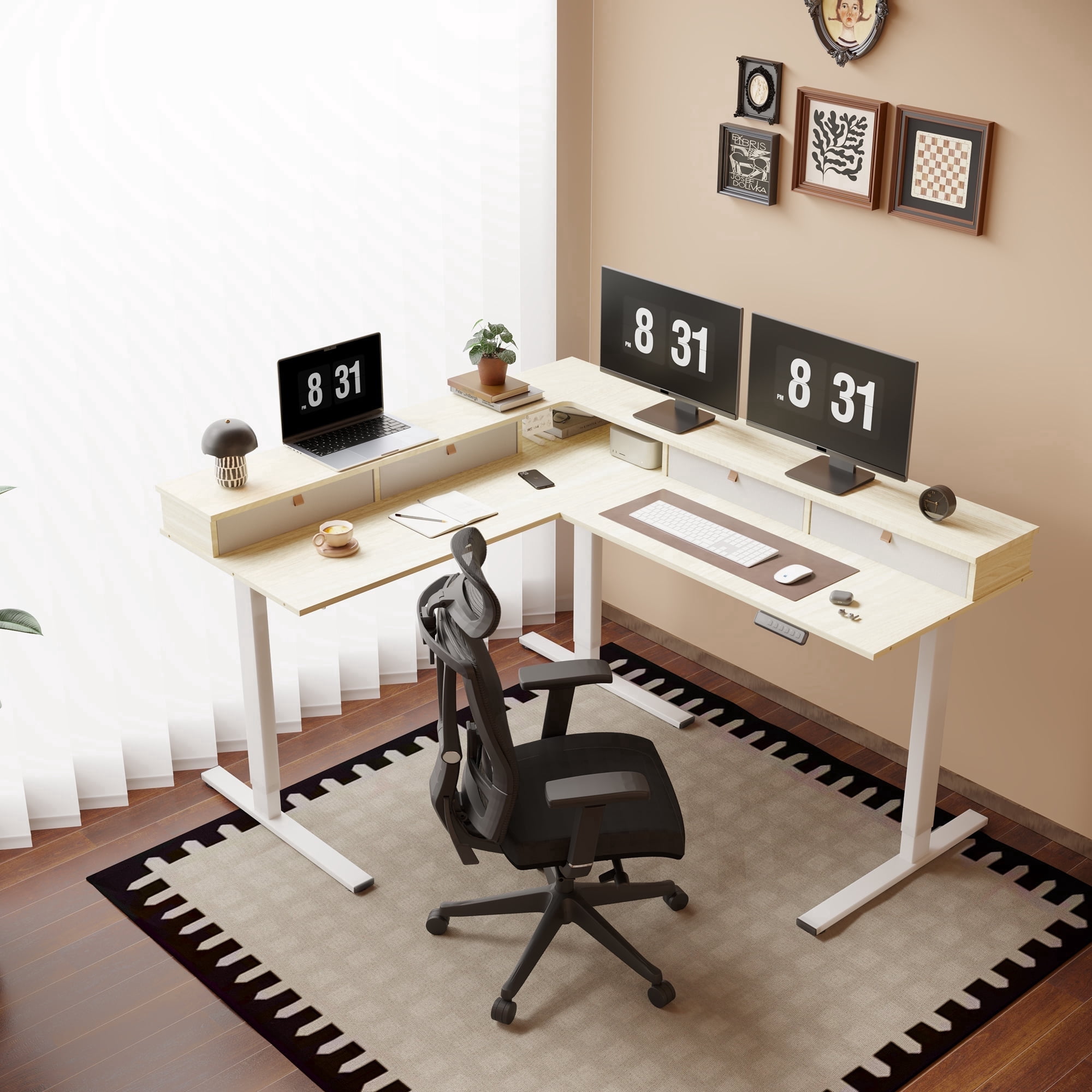 FitStand 63'' L Shaped Electric Standing Desk, Height Adjustable Electric Corner Standing Desk with Shelf and Drawers, Wood Grain