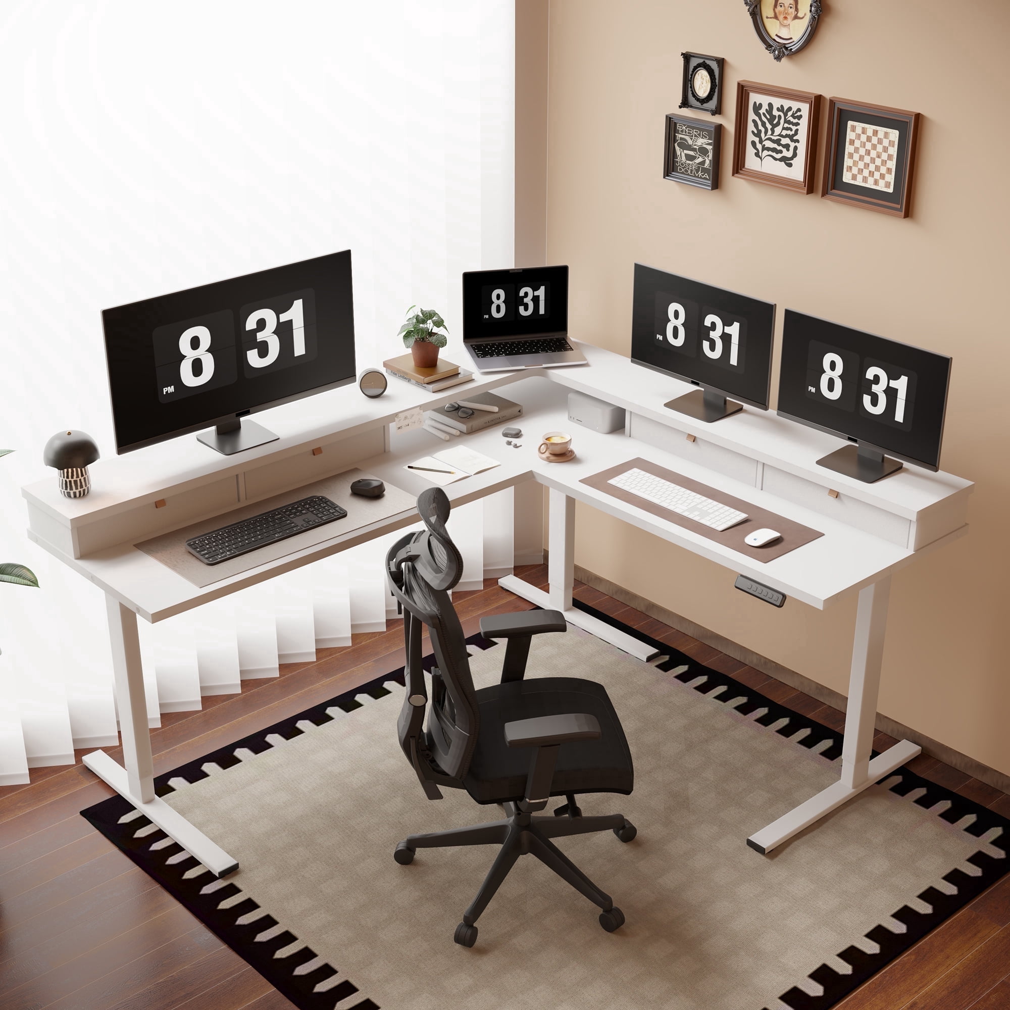 FitStand 71'' L Shaped Electric Standing Desk, Height Adjustable Electric Corner Standing Desk with Shelf and Drawers, White