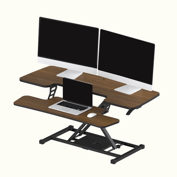 FitStand Home Office Height Adjustable Standing Desk Converter Walnut 42" U-Shape with Keyboard Tray