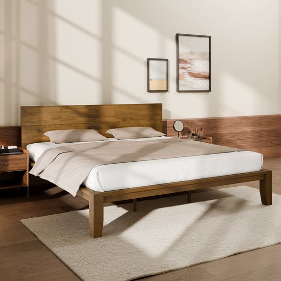 FitStand King Japanese Joinery Bed Frame with Headboard, Solid Rubberwood, 1500 lbs Heavy Duty, FSC & SGS Certified, No-Tool Setup, Hidden Storage, USB-A/C Port, No Box Spring Needed, Walnut
