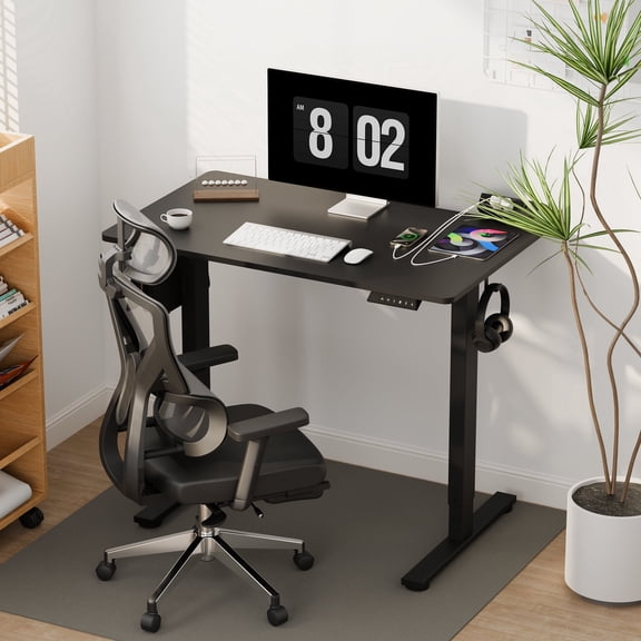 FitStand Whole-Piece Electric Standing Desk with Clamp Power Strip, 40" x 24" Height Adjustable Desk with Cable Management and Side Hooks for Home Office, Black