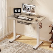 FitStand Electric Standing Desk with Clamp Power Strip, 40" x 24" Height Adjustable Sit Stand up Desk with Cable Management and Side Hooks for Home Office, Light Brown