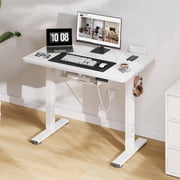FitStand Electric Standing Desk with Clamp Power Strip, 40" x 24" Height Adjustable Sit Stand up Desk with Cable Management and Side Hooks for Home Office, White