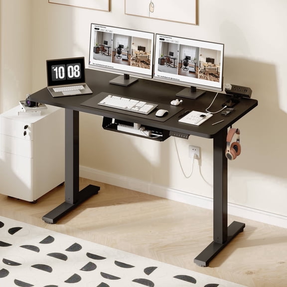 FitStand Electric Standing Desk with Clamp Power Strip, 48" x 24" Height Adjustable Sit Stand up Desk with Cable Management and Side Hooks for Home Office, Black