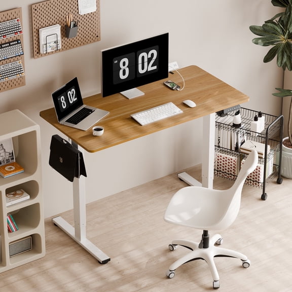 FitStand Electric Standing Desk with Clamp Power Strip, 48" x 24" Height Adjustable Sit Stand up Desk with Cable Management and Side Hooks for Home Office, Maple