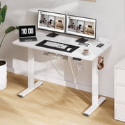 FitStand Electric Standing Desk with Clamp Power Strip, 48" x 24" Height Adjustable Sit Stand up Desk with Cable Management and Side Hooks for Home Office, White