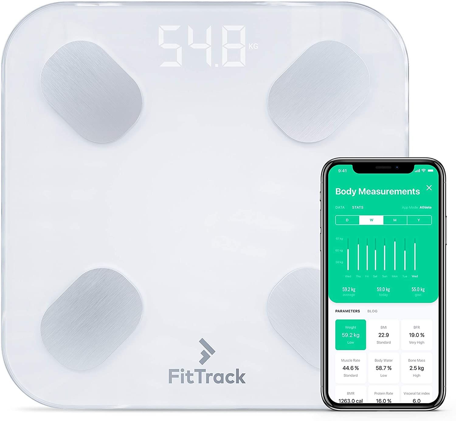 FitTrack Dara Smart BMI Digital Most Accurate Bluetooth Glass Scale, Measure Weight and Body Fat, White - image 1 of 5