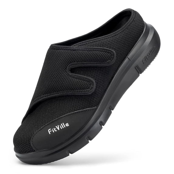 FitVille Extra Wide Mens Diabetic Slippers Slip-On Walking Shoes Adjustable Strap, Black, 10 x-Wide