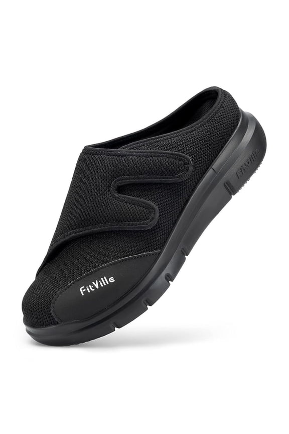 Extra Wide Mens Diabetic Slippers Slip-On Walking Shoes Adjustable Strap, Black, 10 x-Wide