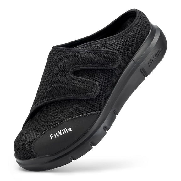 FitVille Extra Wide Mens Diabetic Slippers Slip-On Walking Shoes Adjustable Strap, Black, 12 x-Wide