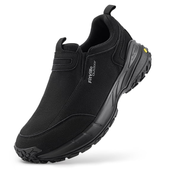 FitVille Extra Wide Mens Slip on Hiking Shoes Trekking Loafers with Arch Support, Black, 12 x-Wide