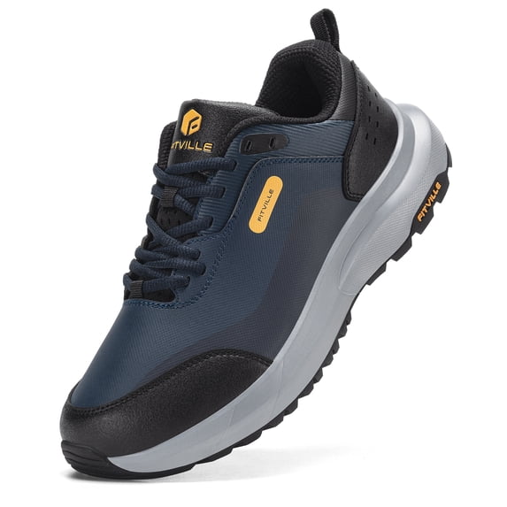 FitVille Mens Extra Wide Hiking Shoes Outdoor Low-top Waterproof Sneakers with Arch Support, Navy Blue/Black, 11 X-Wide