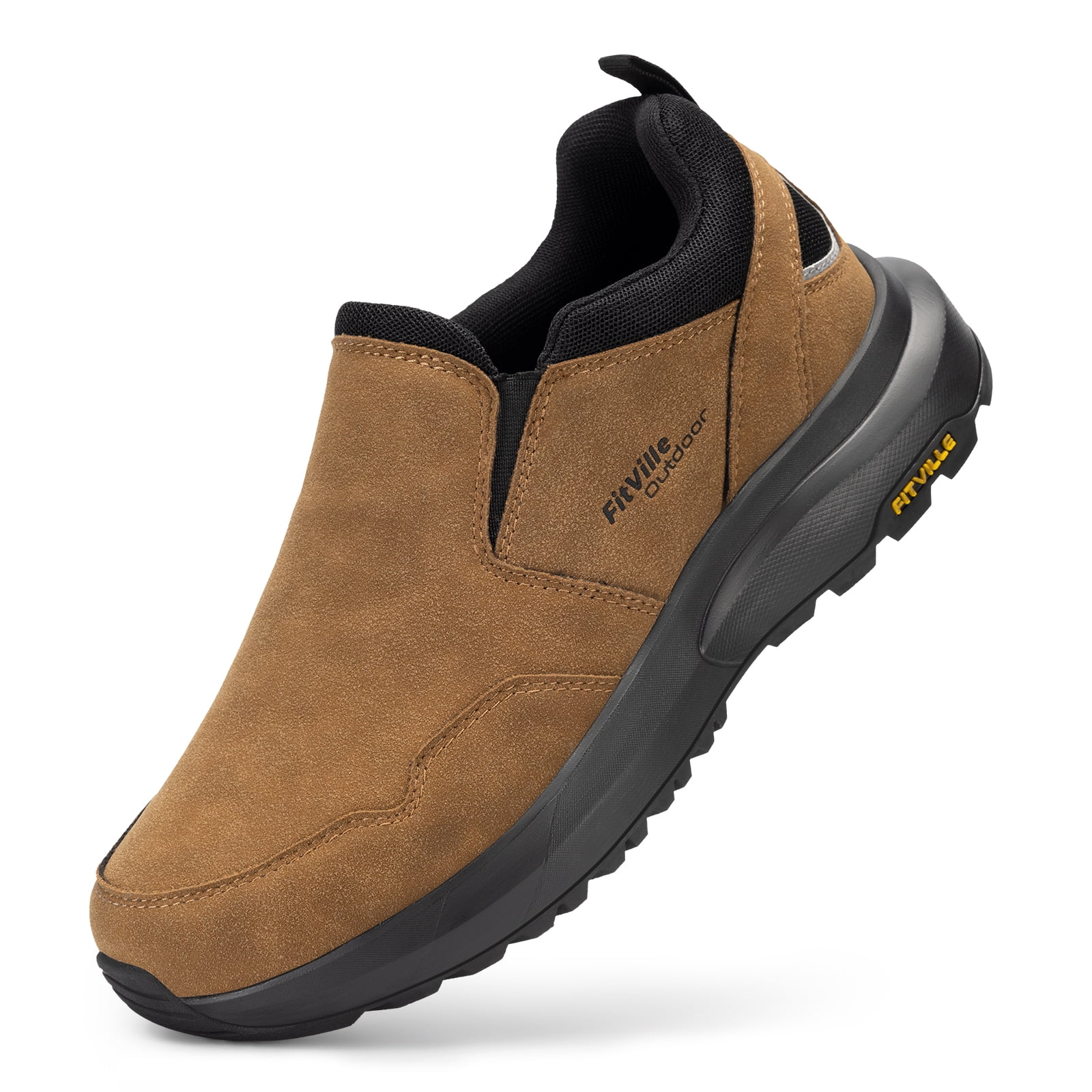 FitVille Mens Wide Hiking Shoes Slip on Loafers Sneakers with Arch Support, Dune Brown, 9 Wide
