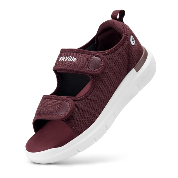FitVille Wide Sandals for Women Diabetic Sandals with Arch Support Adjustable Straps, Burgundy, 7 Wide