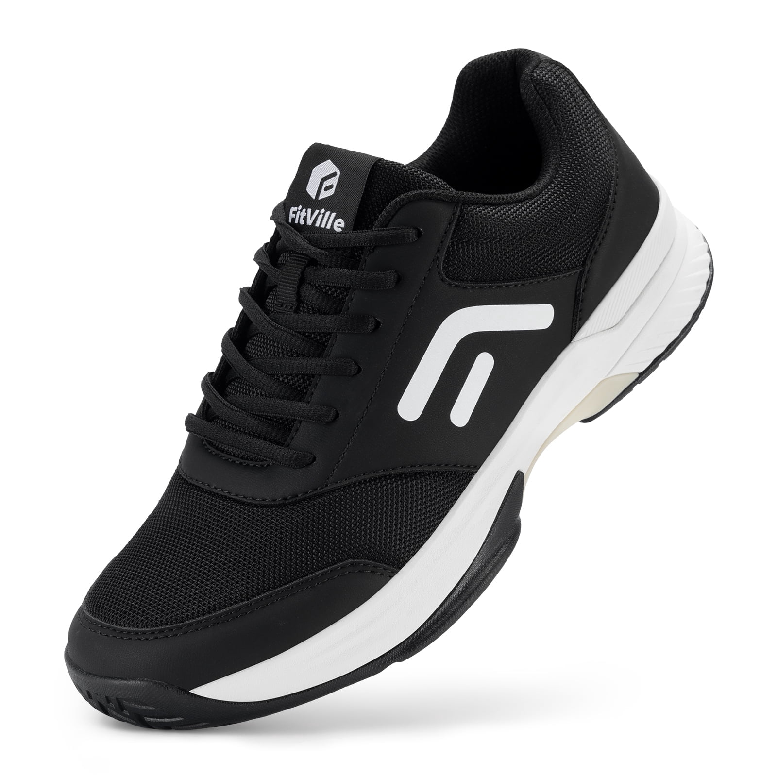 FitVille Wide Pickleball Shoes for Men Tennis Shoes All Court with Arch Support (Black, 8.5 Wide)