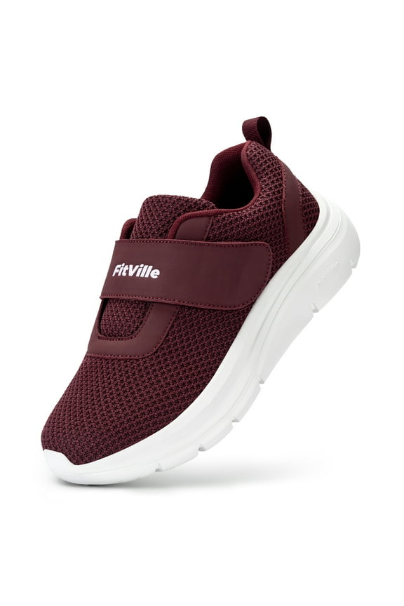 Womens Slip on Walking Shoes with Adjustable Strap Wide Sneakers (Burgundy Red, 7.5 x-Wide)