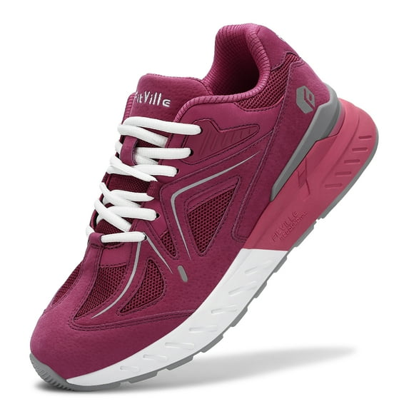 FitVille Womens Walking Shoes Wide Sneakers with Arch Support, Rose Red, 7.5 Wide