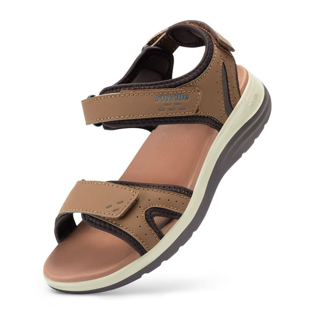 FitVille Womens Wide Sandals Adjustable Ankle Strap Flat Sandals with Arch Support, Brown, 8.5 Wide