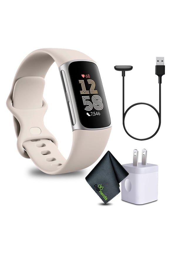 Charge 6 Fitness Tracker Smartwatch with Heart Rate, GPS, Health Tools - Porcelain/Silver Bundle with Cleaning Cloth and Charger
