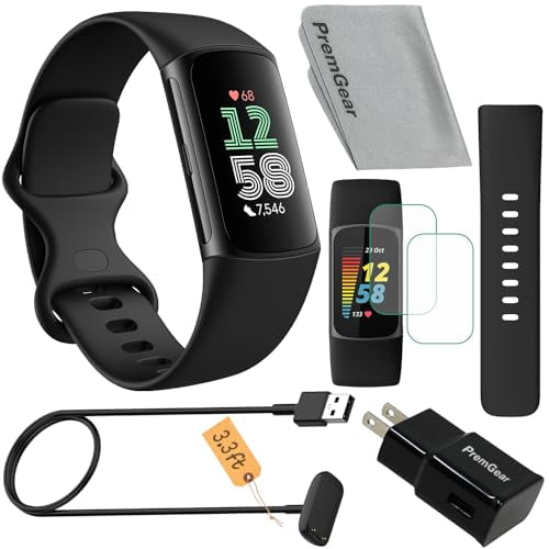 Fitbit Charge 6 Fitness Tracker Watch (Black) Bundle with 2 Watch Bands, 3.3ft Charging Cable, USB Wall Adapter, 2 Screen Shields & Cloth