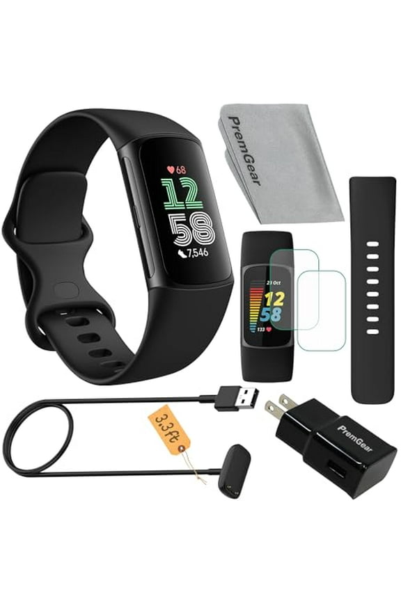 Charge 6 Fitness Tracker Watch (Black) Bundle with 2 Watch Bands, 3.3ft Charging Cable, USB Wall Adapter, 2 Screen Shields & Cloth