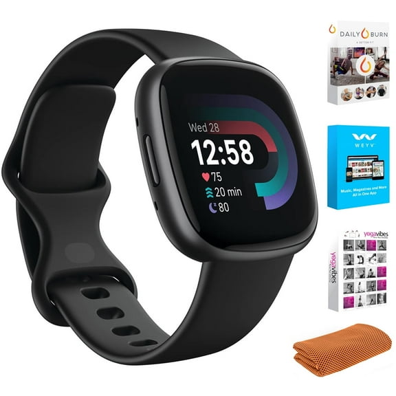 Fitbit FB523BKBK-US Versa 4 Fitness Smartwatch with GPS, 24/7 Heart Rate - Black/Graphite Bundle with Workout Sport Towel & Tech Smart USA Fitness & Wellness Suite