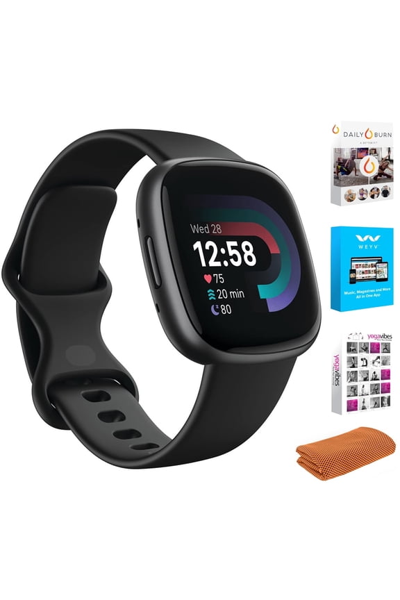 FB523BKBK-US Versa 4 Fitness Smartwatch with GPS, 24/7 Heart Rate - Black/Graphite Bundle with Workout Sport Towel & Tech Smart USA Fitness & Wellness Suite