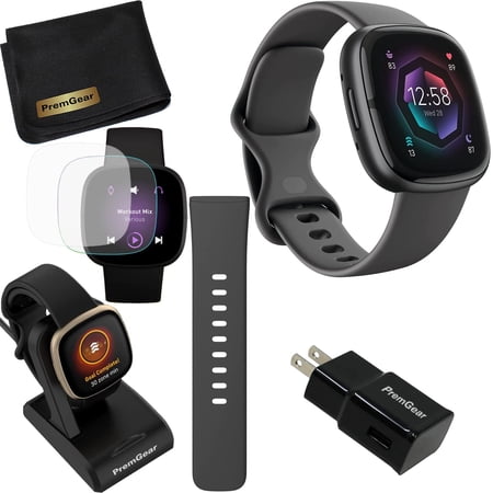 Fitbit Sense 2 Advanced Health and Fitness Smart Watch (Grey/Graphite) with GPS, S & L Bands, Bundle with Charger Dock, Wall Adapter, 2 Screen Protectors & PremGear Cloth