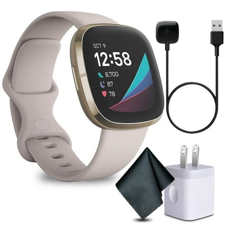 Fitbit Sense Advanced Smartwatch for Men and Women, White/Gold Bundle with Cleaning Cloth and Charger