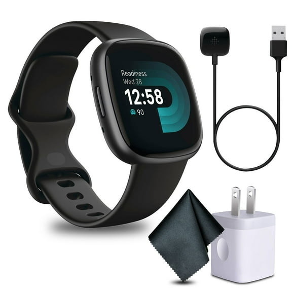 Fitbit Versa 4 Fitness Smartwatch with Daily Readiness, GPS, 24/7 Heart Rate, 40 Exercise Modes, Black/Graphite Bundle with Cleaning Cloth and Charger