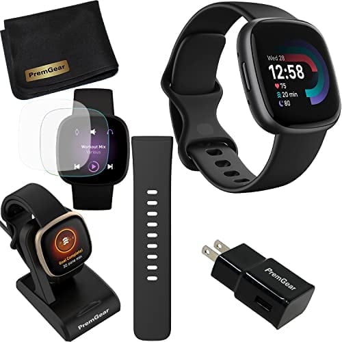 Fitbit Versa 4 Health and Fitness Smart Watch (Black / Graphite) with Built-in GPS, 6 Day Battery Life, S & L Bands, Bundle with 3.3foot Charge Cable, Wall Adapter, Screen Protectors & PremGear Cloth