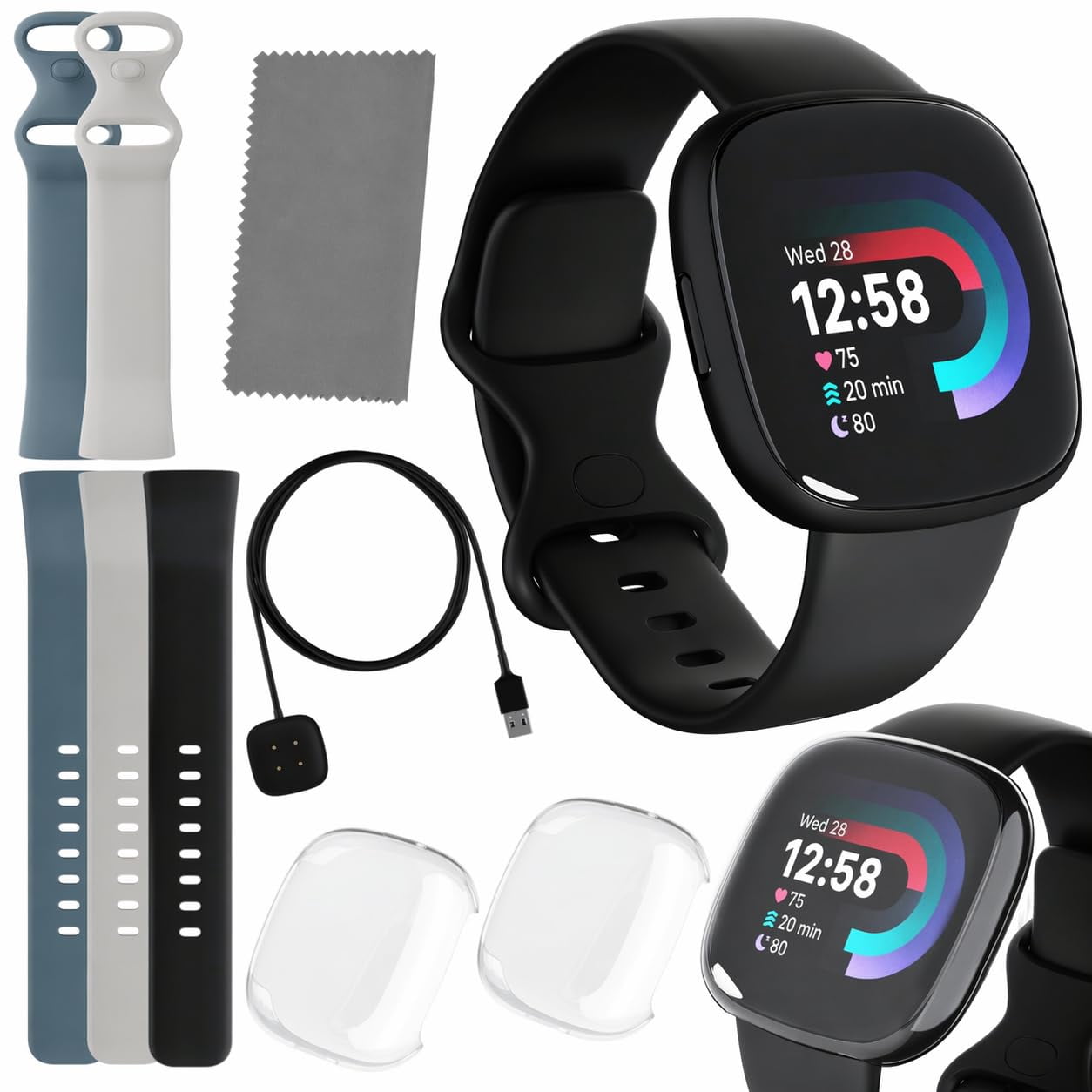 Fitbit Versa 4 Smartwatch (Bundle) – GPS Fitness Tracker with Fast Charger & Cleaning Cloth, 40+ Exercise Modes, Heart Rate, Sleep, Step, & Workout Tracking for Android & iPhone, Black/Graphite