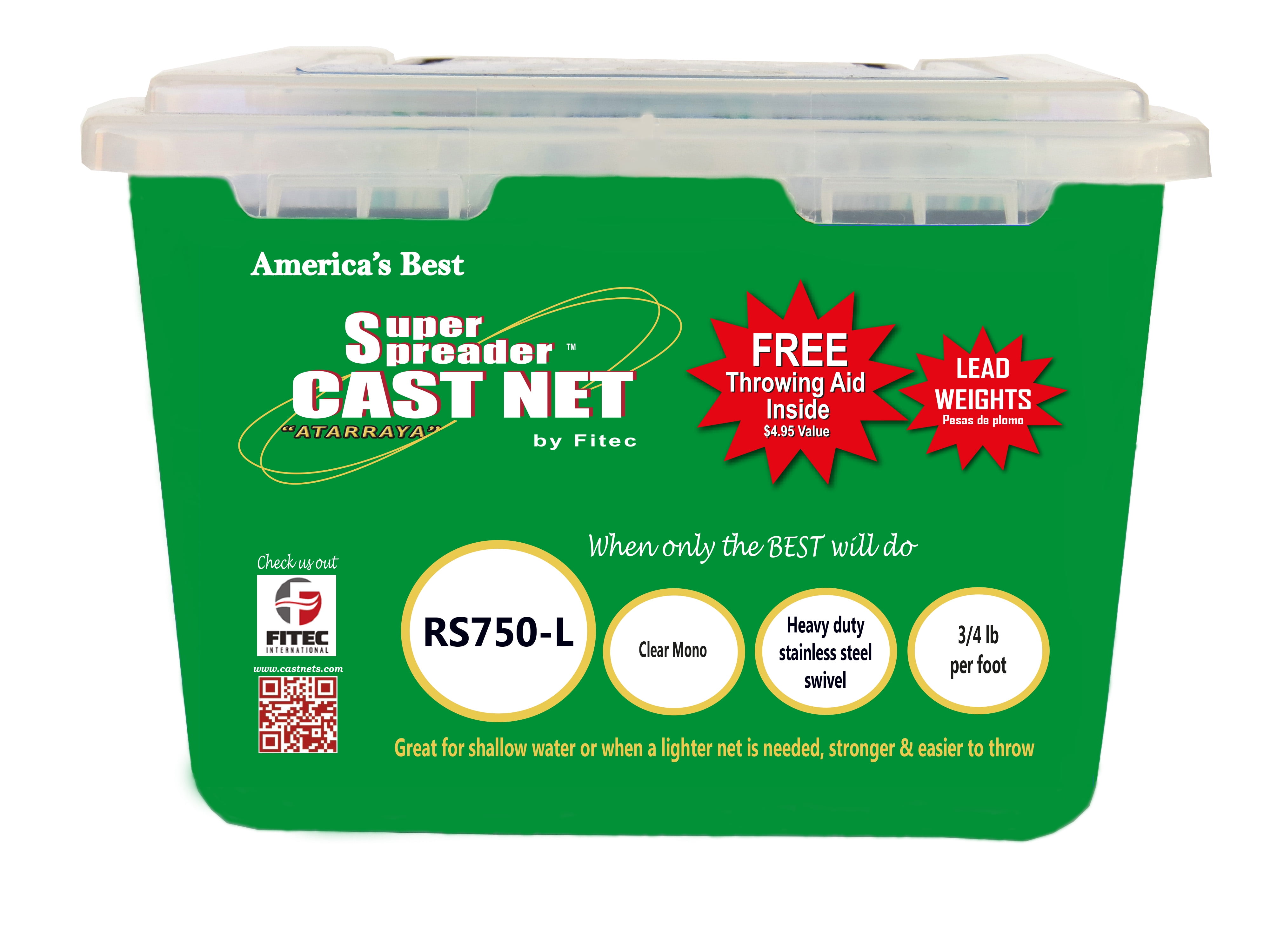 Fitec RS750L Super Spreader Cast Net, Clear, 4' radius, 3/8" mesh, 3/4 Lb wts