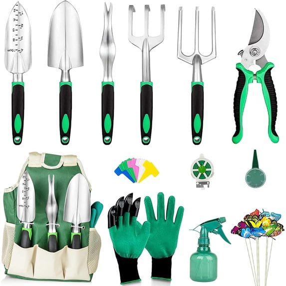 Fitfirst 30Pcs Garden Tools, Ergonomic Handle Tools, Heavy Duty Aviation Aluminum Gardening tools with Tote Organizer, Gift for Men & Women