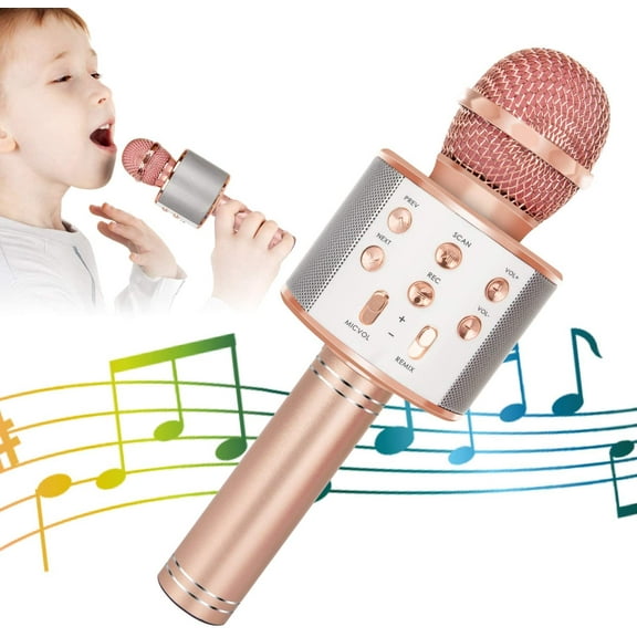 Fitfirst Wireless Bluetooth Karaoke Microphone for Kids, 5-in-1 Portable Handheld Karaoke Mic Speaker Player Recorder with Adjustable Remix FM Radio for Girls Boys Teens Birthday(Rose Gold)