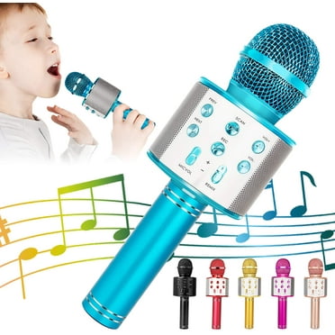 Fitfirst Wireless Bluetooth Karaoke Microphone for Kids, 5-in-1 Portable Handheld Karaoke Mic Speaker Player Recorder with Adjustable Remix FM Radio for Girls Boys Teens Birthday(Blue)