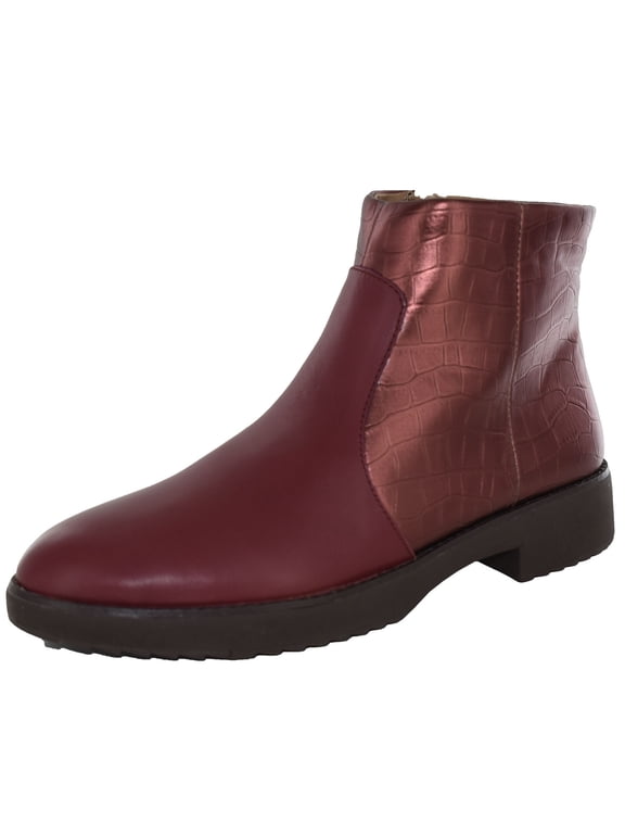 Womens Mara Leather Croc Print Ankle Boots, Maroon, US 5